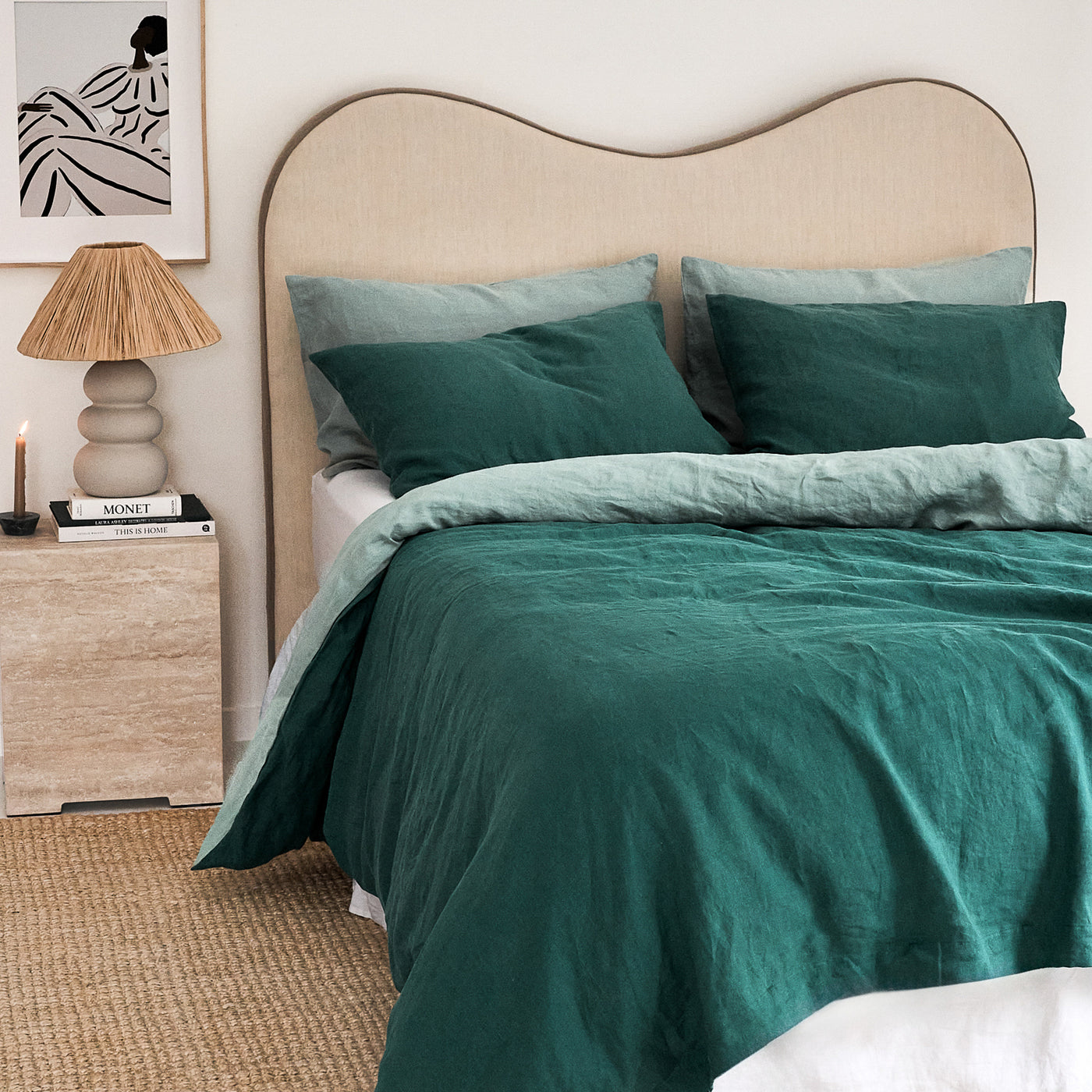 French Flax Linen Double Sided Quilt Cover in Sage/Jade