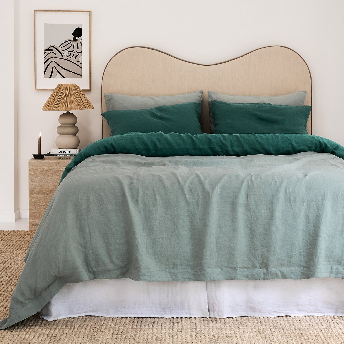 French Flax Linen Double Sided Quilt Cover in Sage/Jade