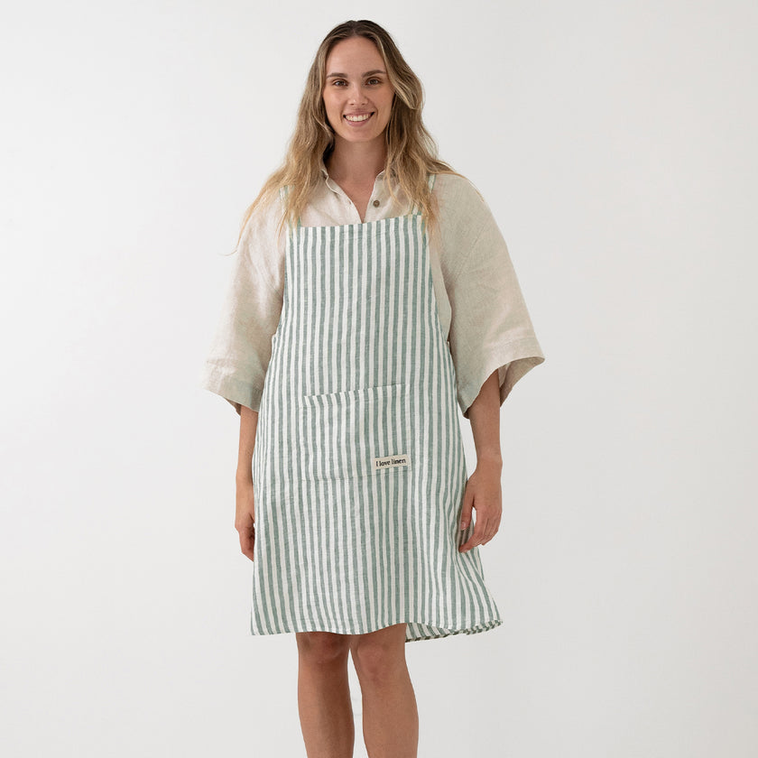 French Flax Linen Apron in Sage Stripe