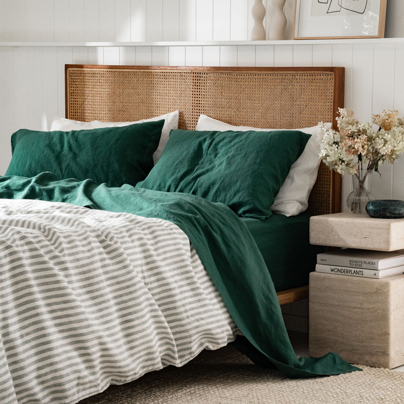 French Flax Linen Quilt Cover Set in Sage Stripe