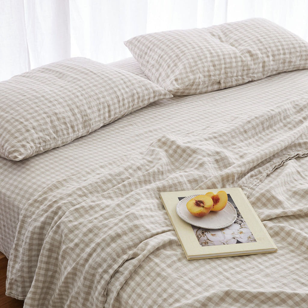 linen beige gingham sheet set