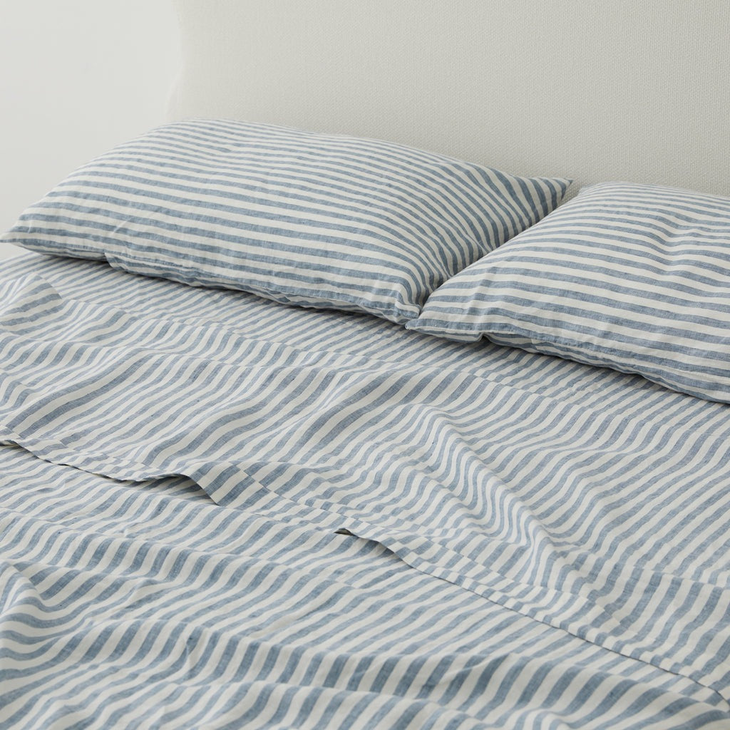 French Flax Linen Flat Sheet in Marine Blue Stripe