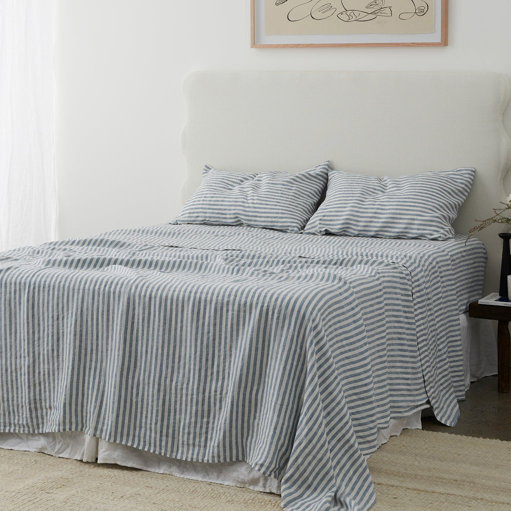 French Flax Linen Flat Sheet in Marine Blue Stripe