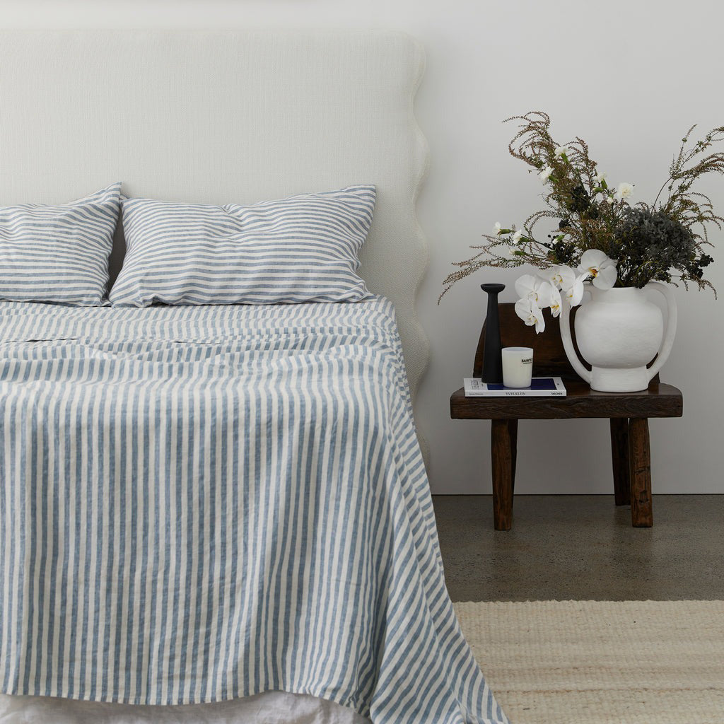 French Flax Linen Flat Sheet in Marine Blue Stripe