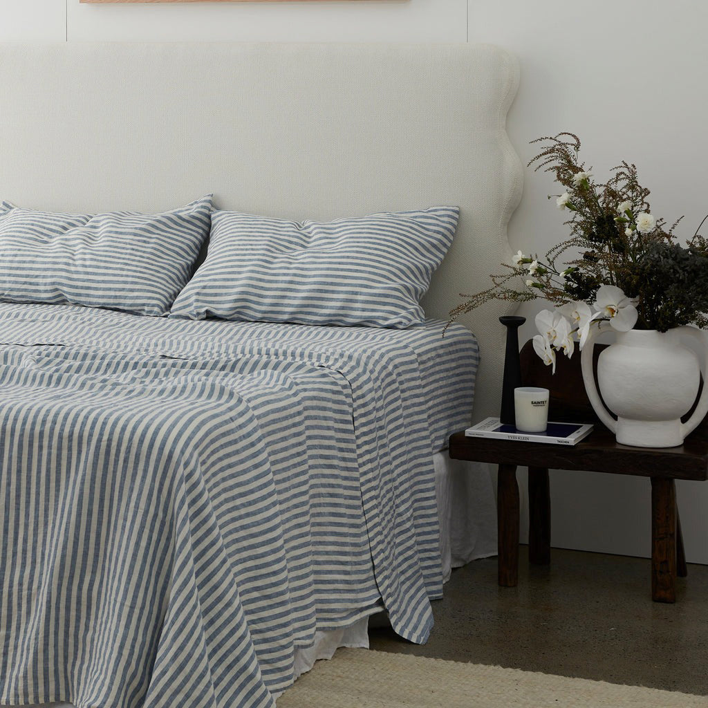 French Flax Linen Flat Sheet in Marine Blue Stripe