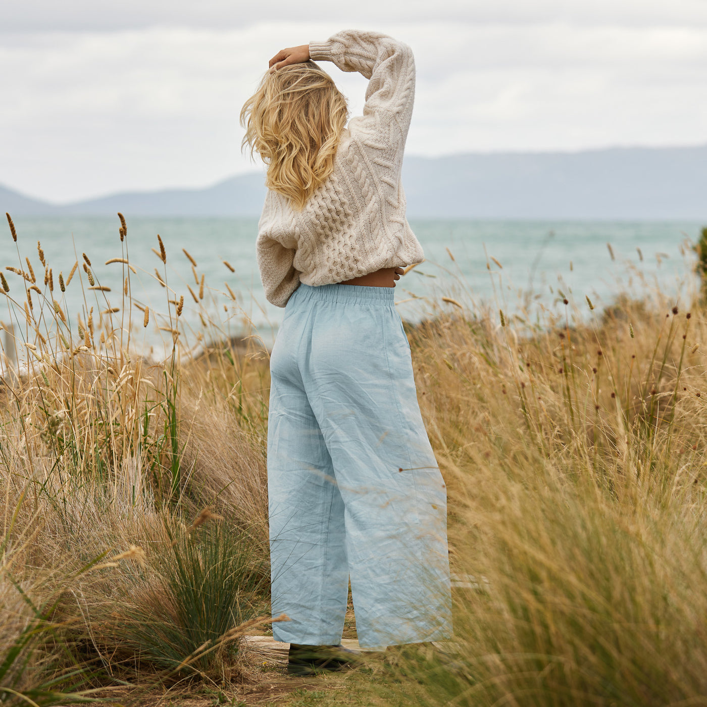 French Flax Linen Lounge Pant in Sky Blue