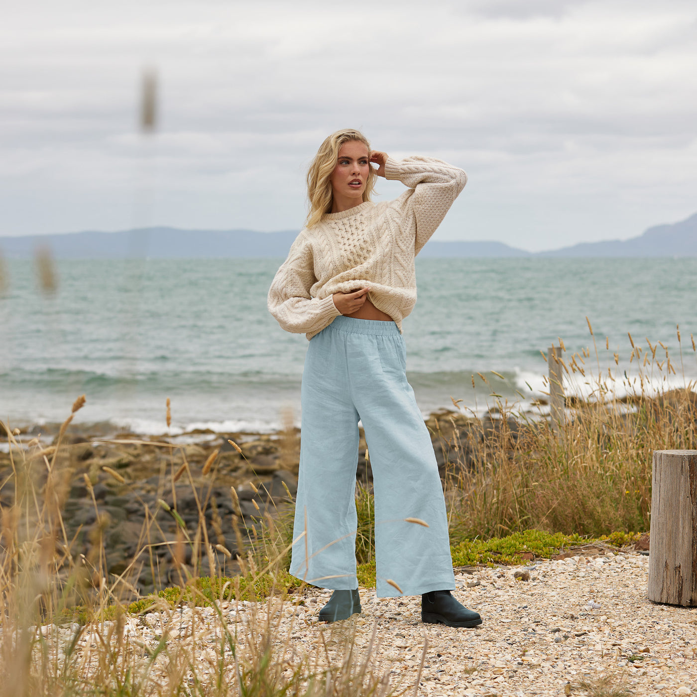 French Flax Linen Lounge Pant in Sky Blue