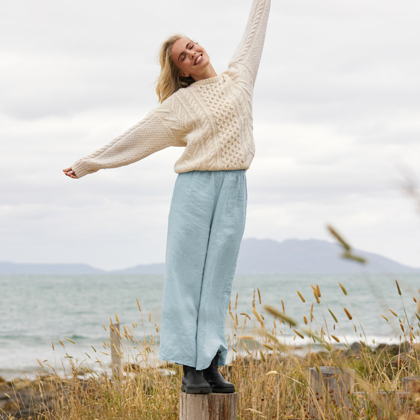 French Flax Linen Lounge Pant in Sky Blue