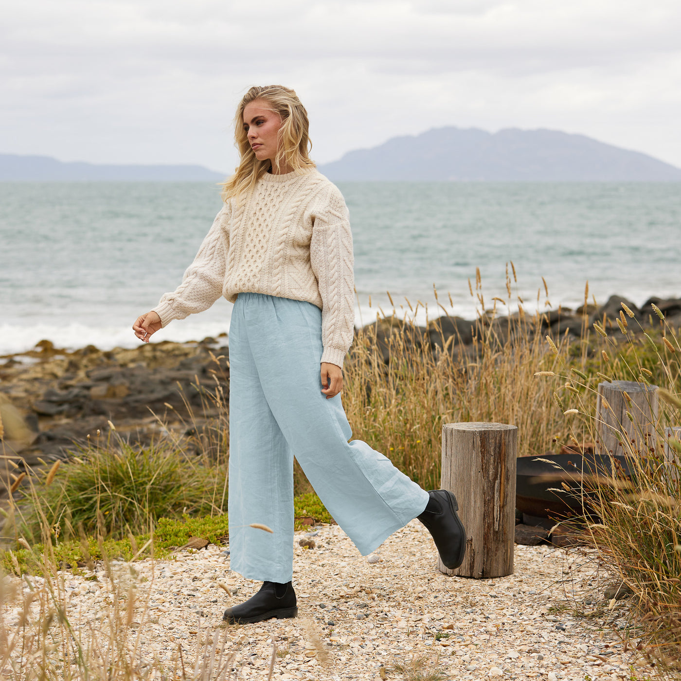 French Flax Linen Lounge Pant in Sky Blue