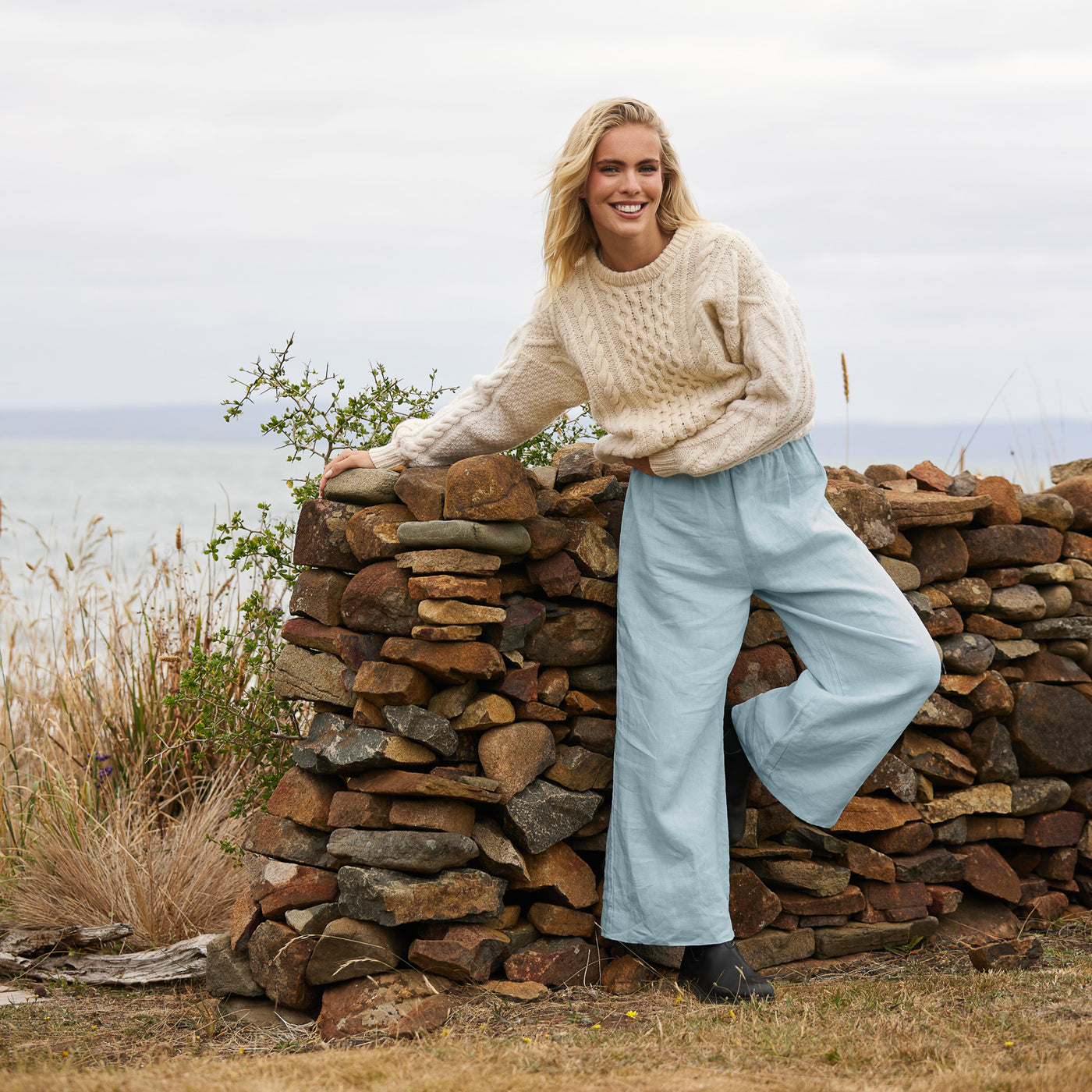 French Flax Linen Lounge Pant in Sky Blue