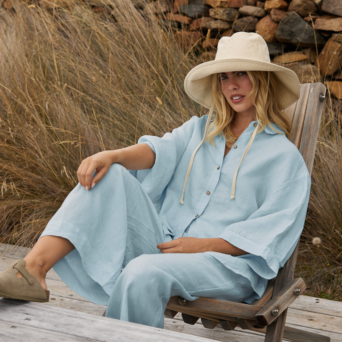 French Flax Linen Ruby Lounge Set in Sky Blue