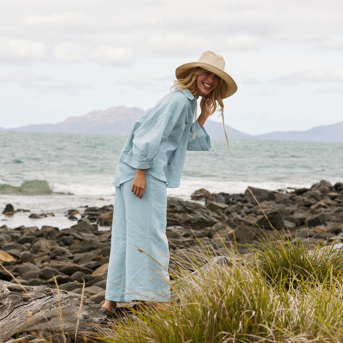 French Flax Linen Ruby Lounge Set in Sky Blue