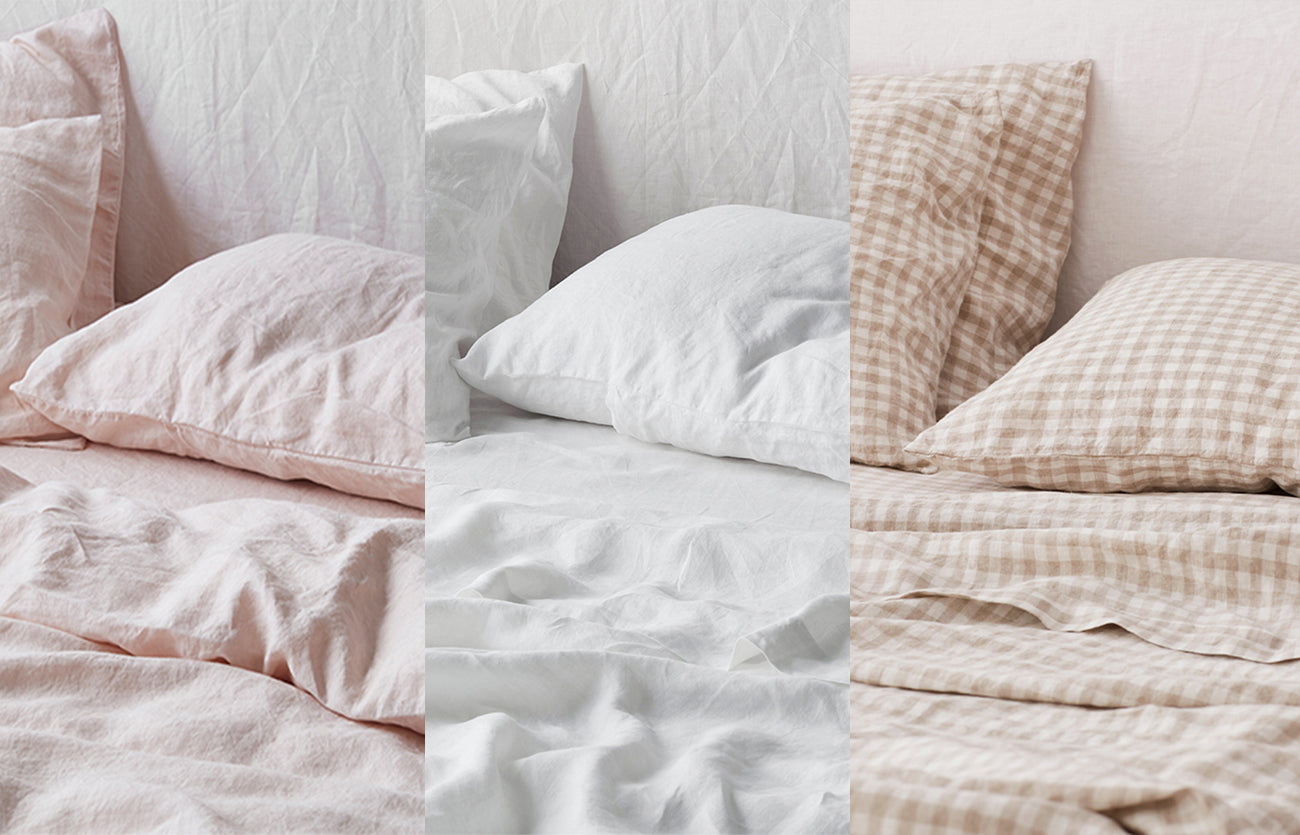 Quilt Cover in Blush, Fitted Sheet in White + Pillowcases in Beige Gingham