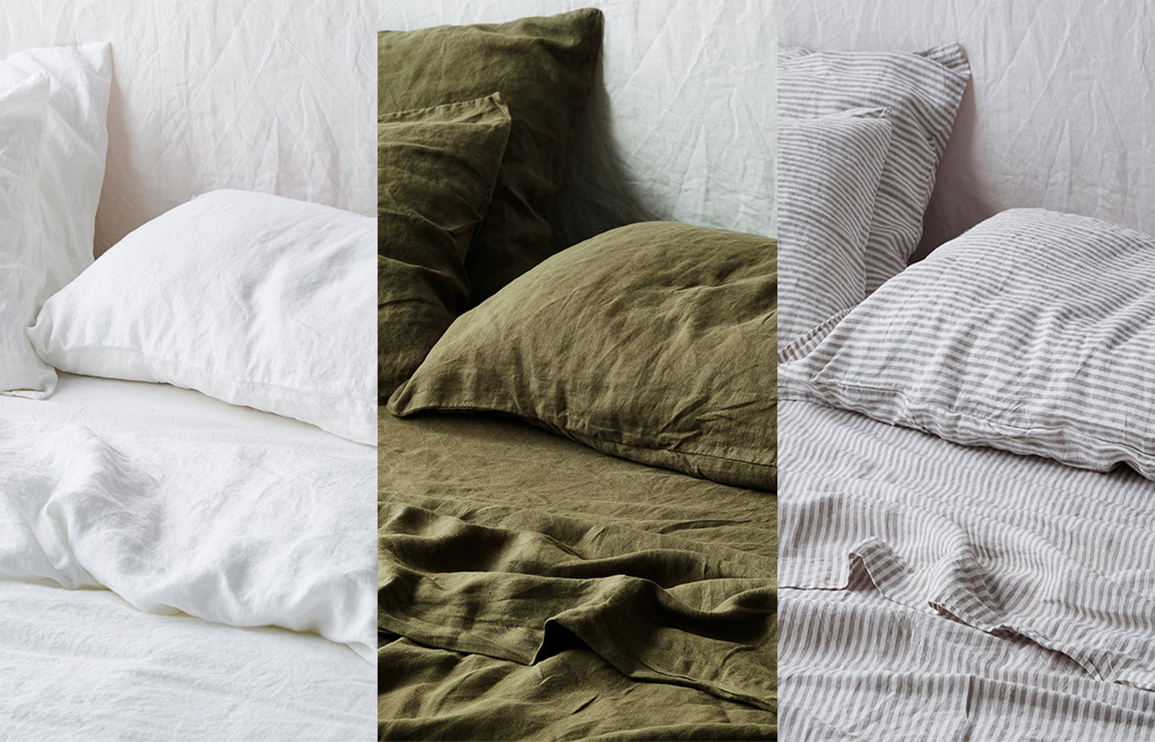 Quilt Cover in White, Fitted Sheet in Olive + Pillowcases in Soft Grey Stripe