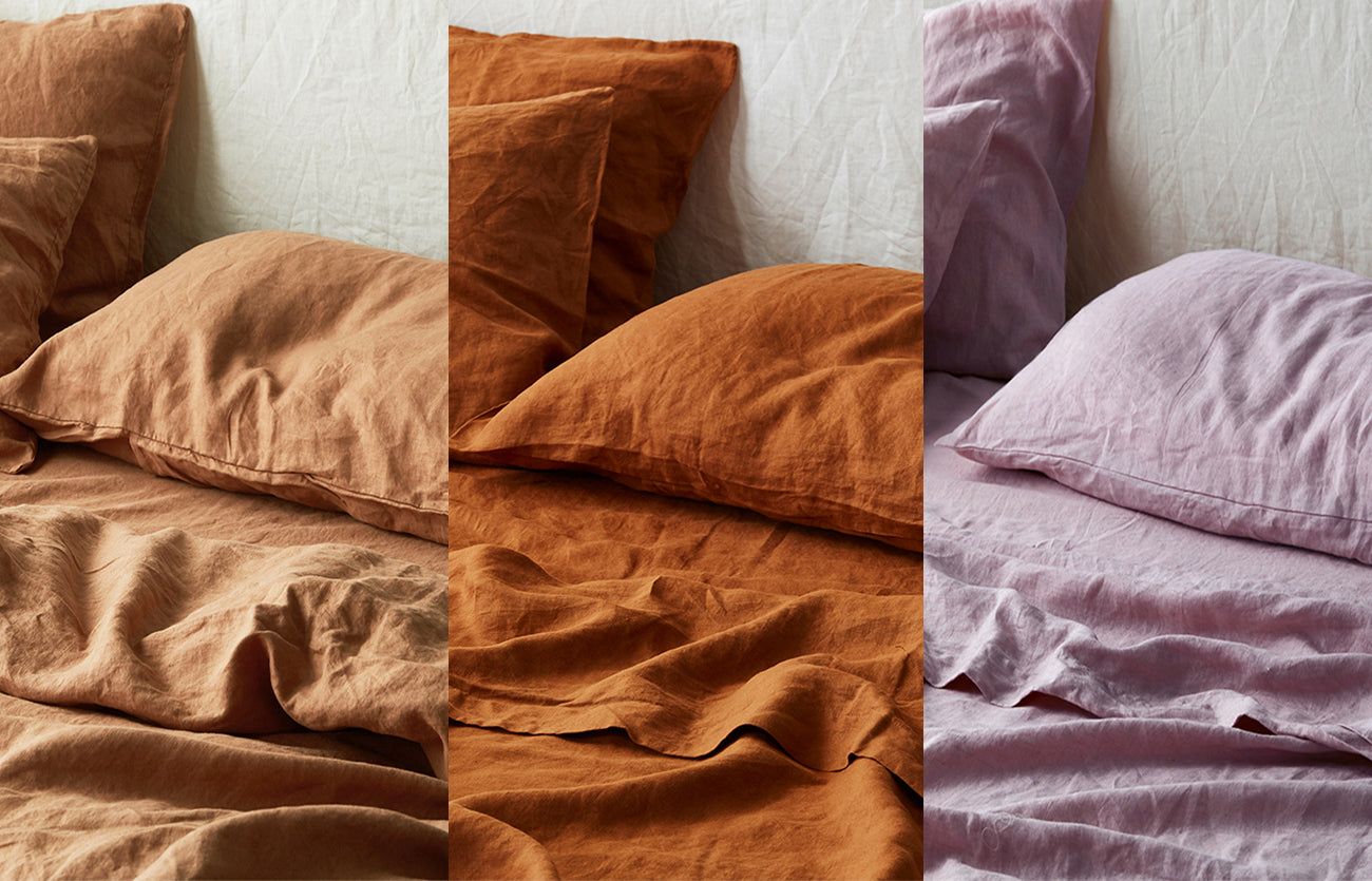Quilt Cover in Sandalwood, Fitted Sheet in Ochre + Pillowcases in Lilac