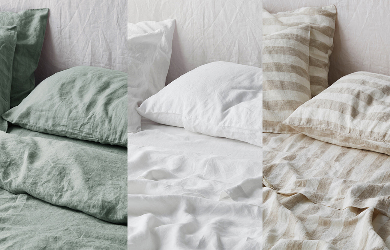 Quilt Cover in Sage, Fitted Sheet in White + Pillowcases in Natural Stripe