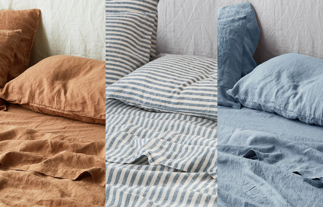 Fitted Sheet in Sandalwood, Flat Sheet in Marine Blue Stripes + Pillowcases in Marine Blue