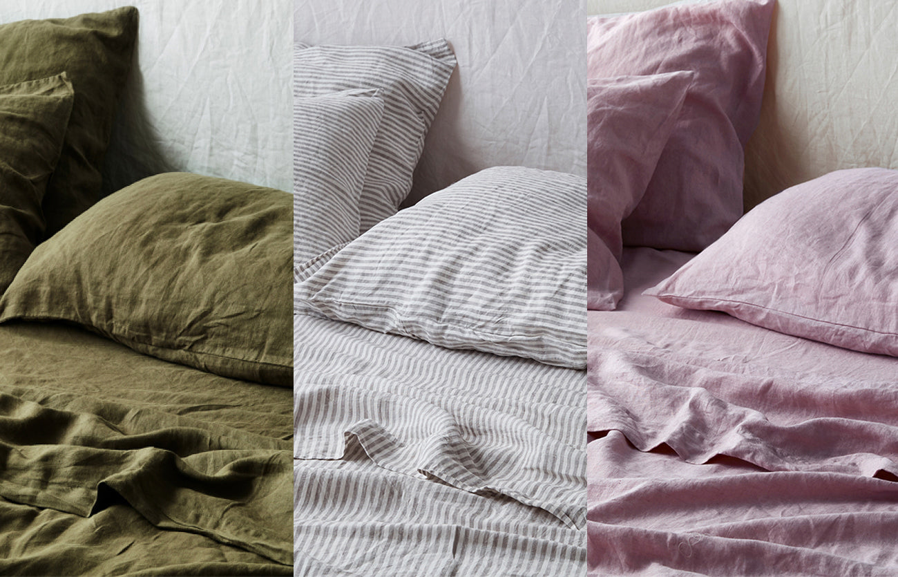 Fitted Sheet in Olive, Flat Sheet in Soft Grey Stripes + Pillowcases in Lilac