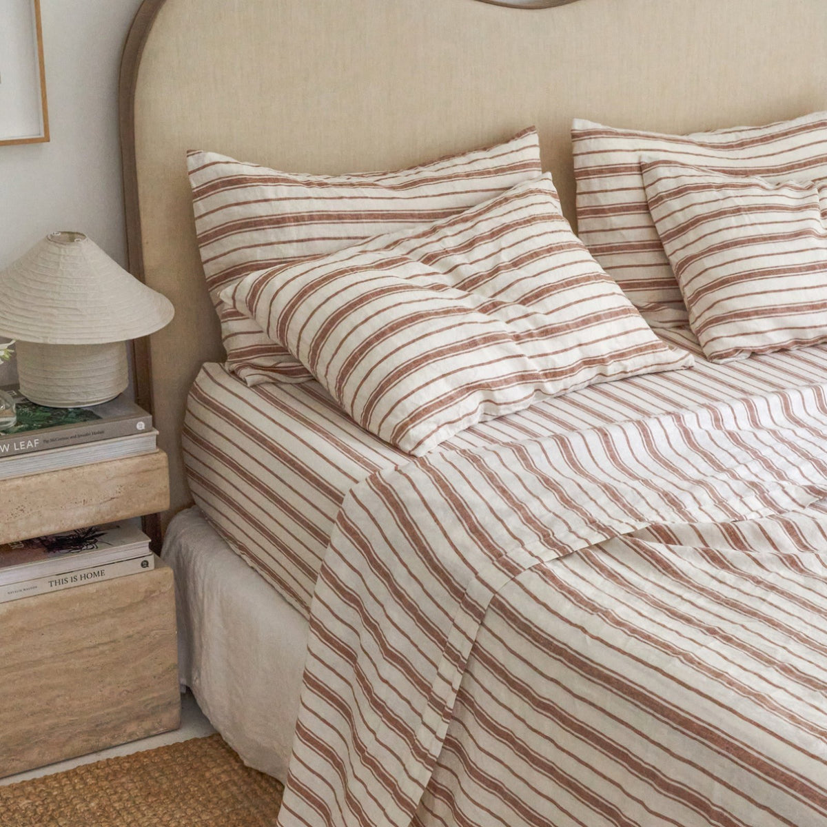 French Flax Linen Flat Sheet in Hazelnut Stripe