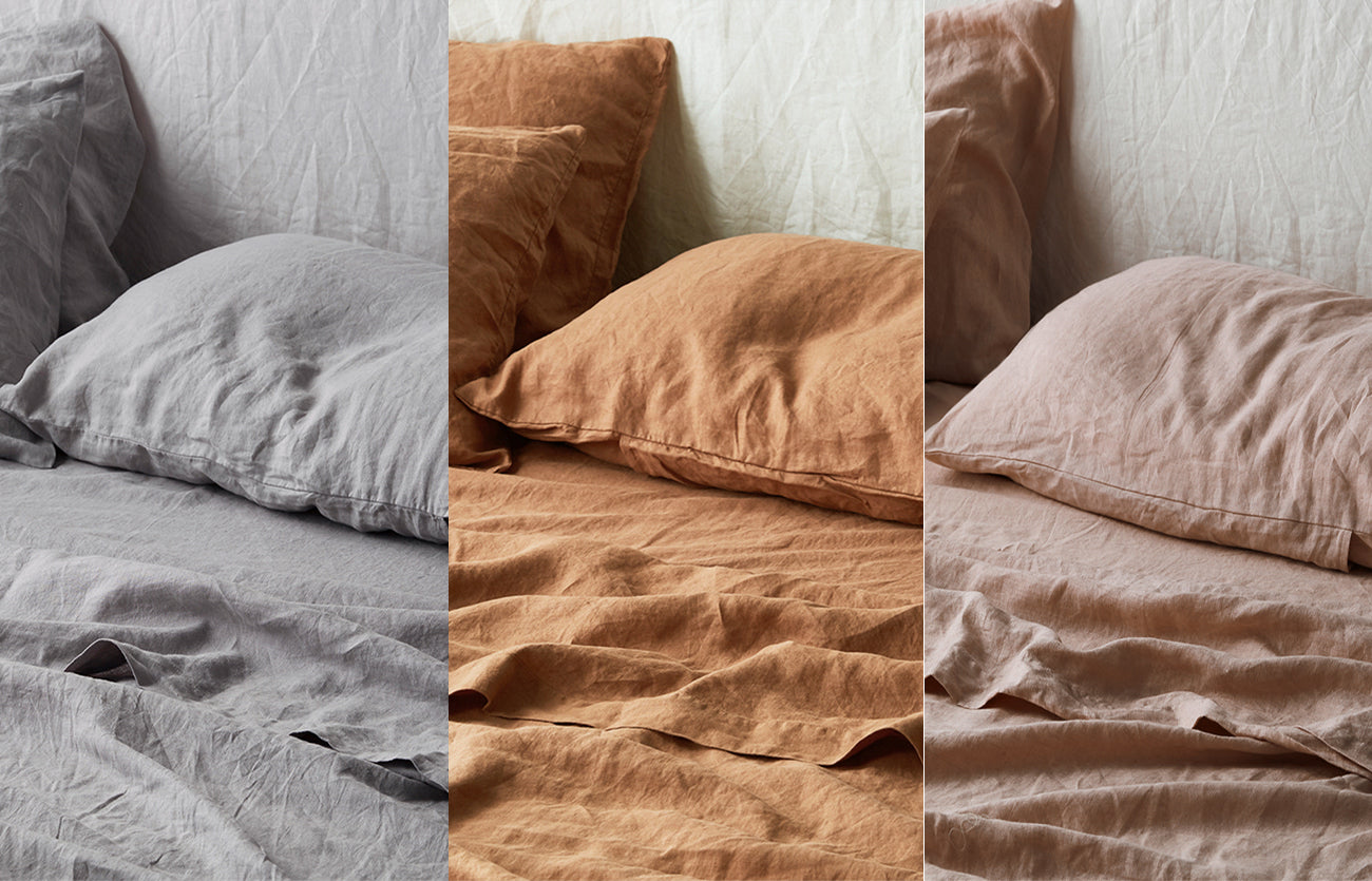 Fitted Sheet in Soft Grey, Flat Sheet in Sandalwood + Pillowcases in Clay