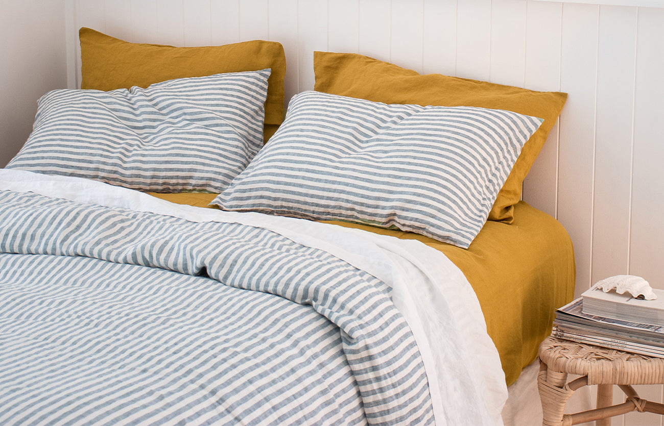 Marine Blue & Mustard French Linen Bedding Lookbook