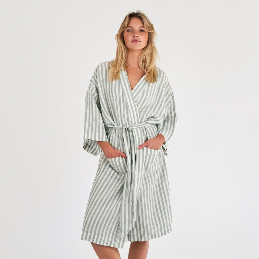French Flax Linen Robe in Sage Stripe