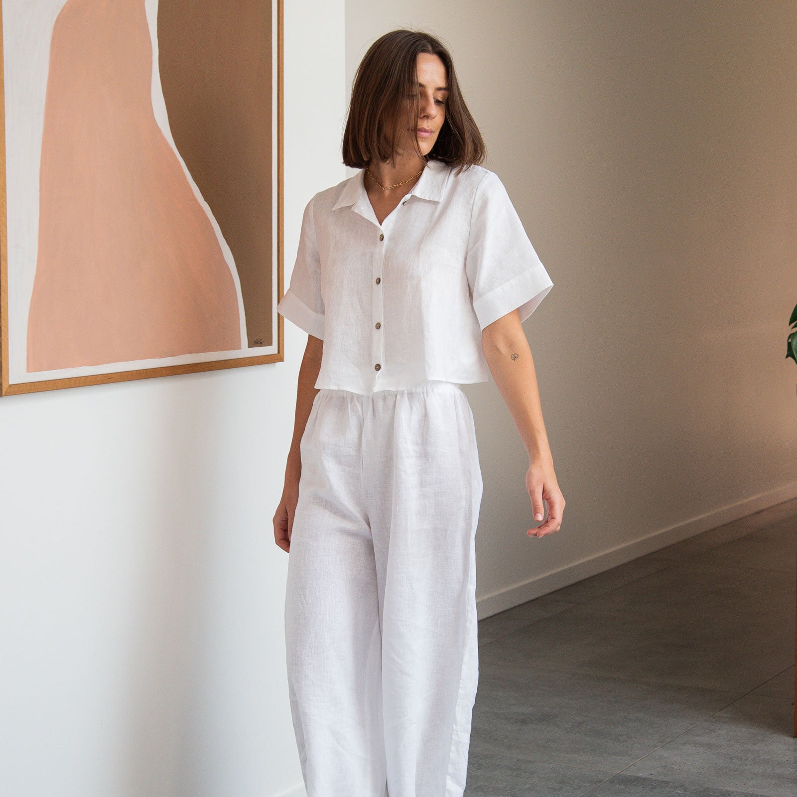 French Flax Linen Poppy Shirt in Beige Gingham
