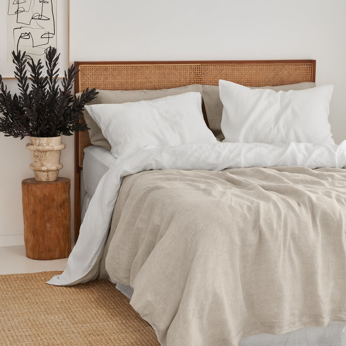 French Flax Linen Double Sided Quilt Cover in White/Natural