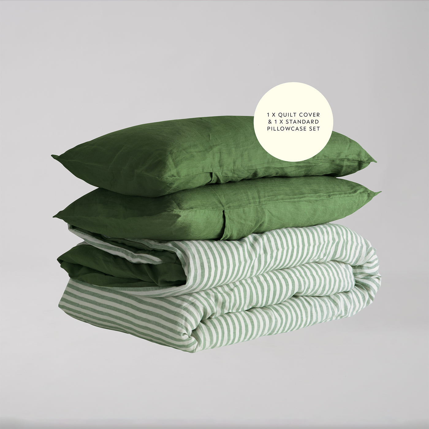 French Flax Linen Double Sided Quilt Cover Set in Ivy/Ivy Stripe