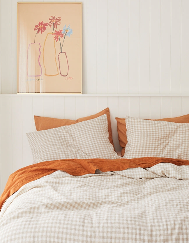 French linen, lookbook, beige gingham, ochre, blush, bedding