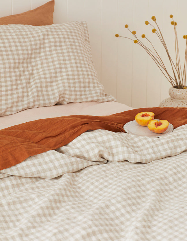 French linen, lookbook, beige gingham, ochre, blush, bedding