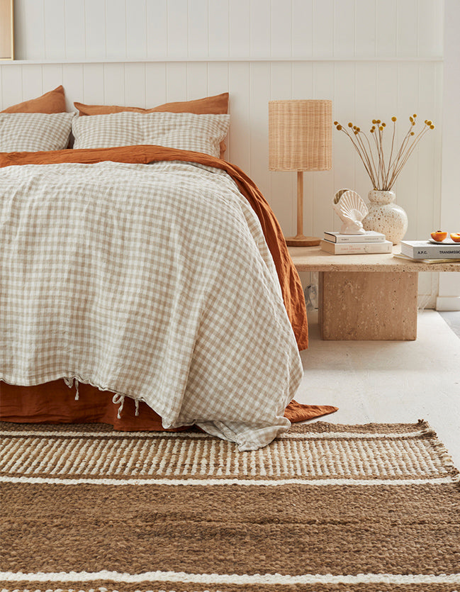 French linen, lookbook, beige gingham, ochre, blush, bedding