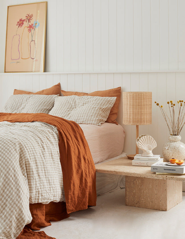 French linen, lookbook, beige gingham, ochre, blush, bedding