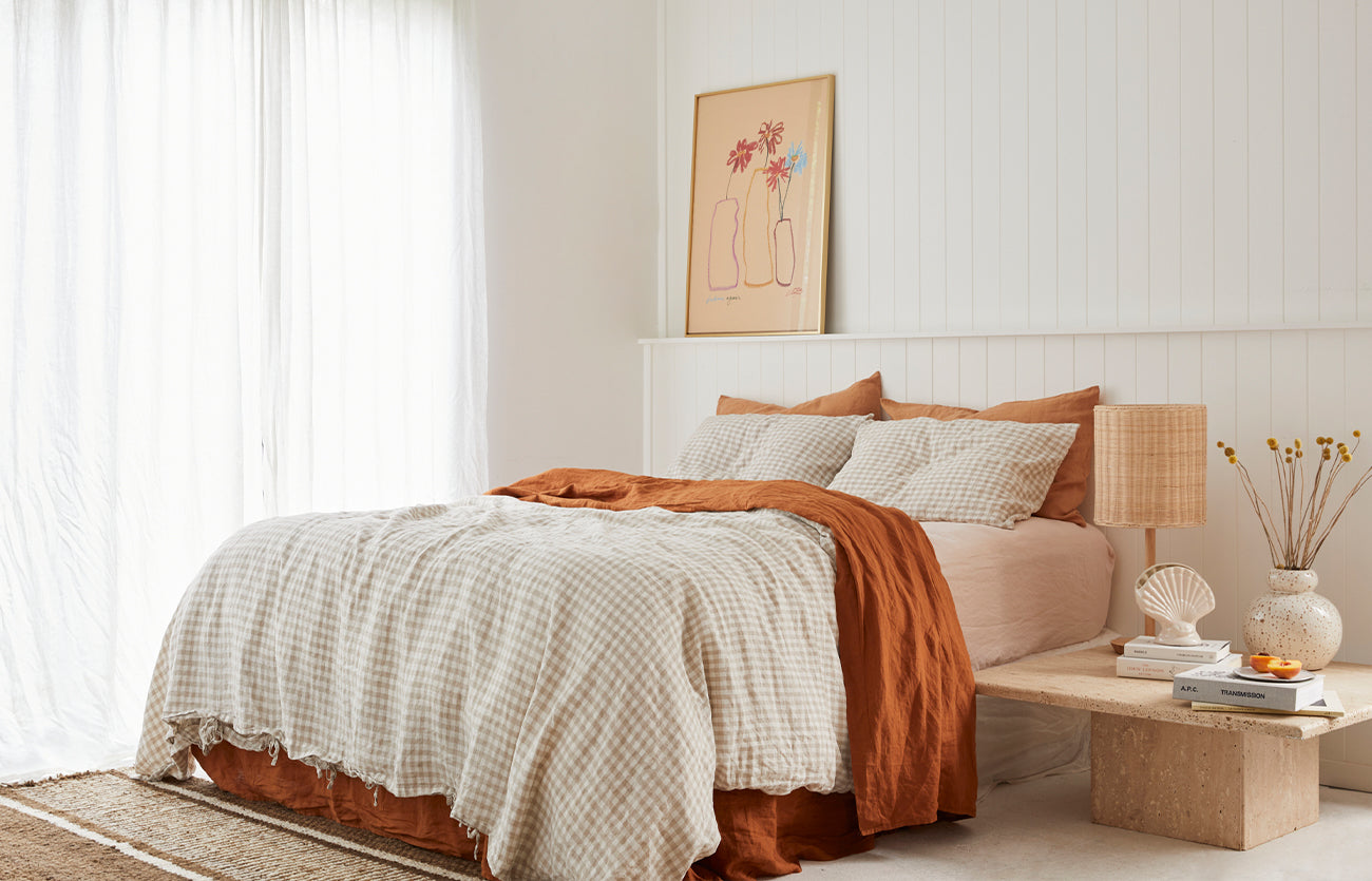 French linen, lookbook, beige gingham, ochre, blush, bedding