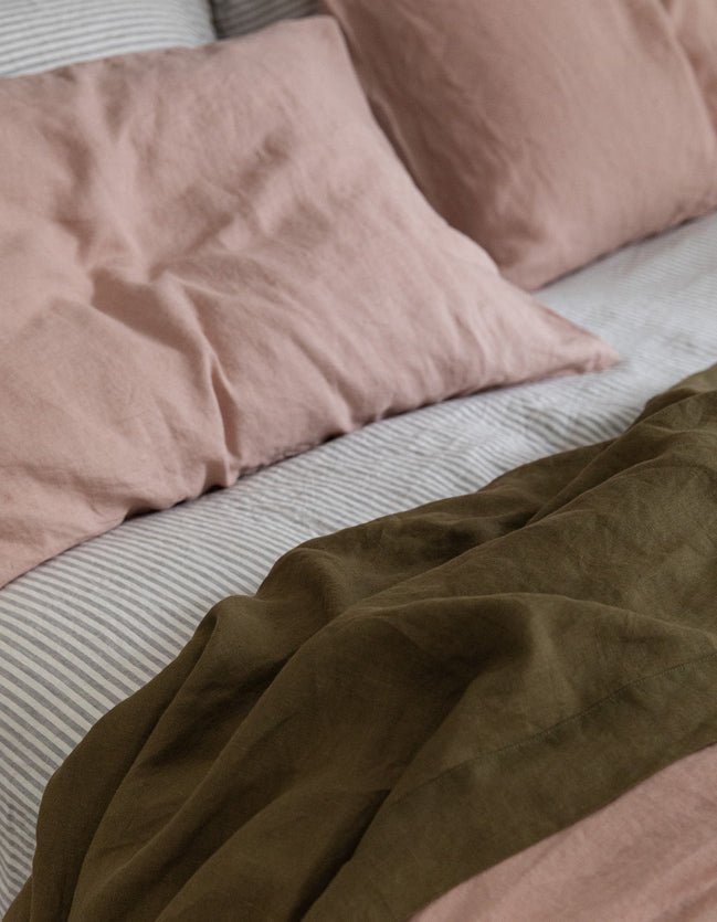 French linen, lookbook, clay, olive, stripe, bedding
