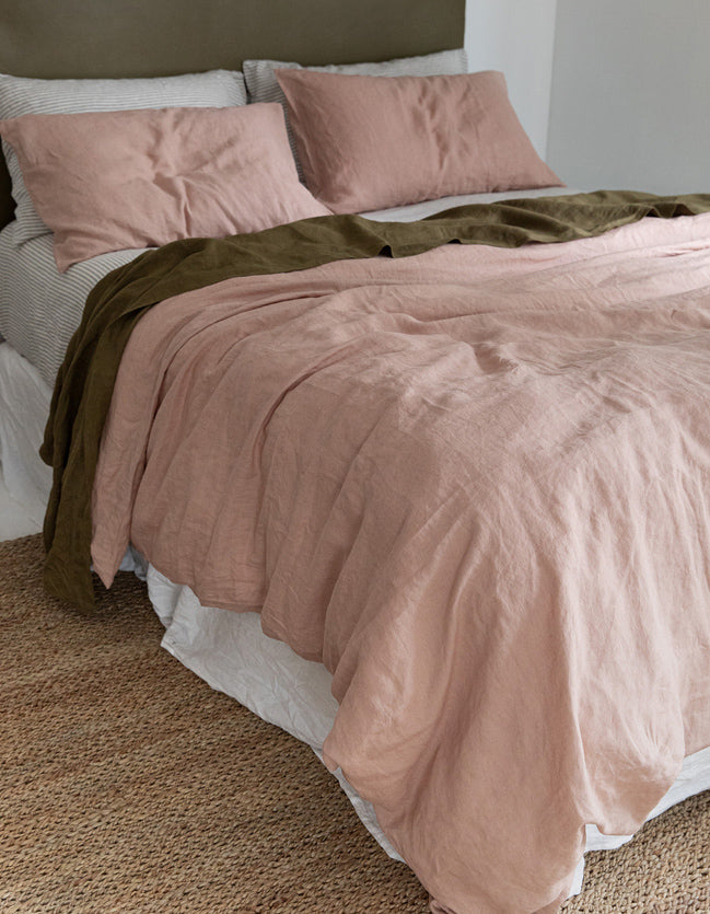 French linen, lookbook, clay, olive, stripe, bedding