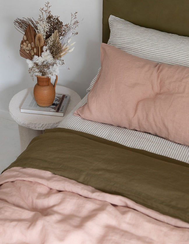 French linen, lookbook, clay, olive, stripe, bedding