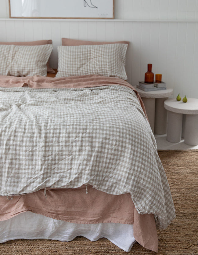 French linen, lookbook, clay, beige gingham, ochre, bedding