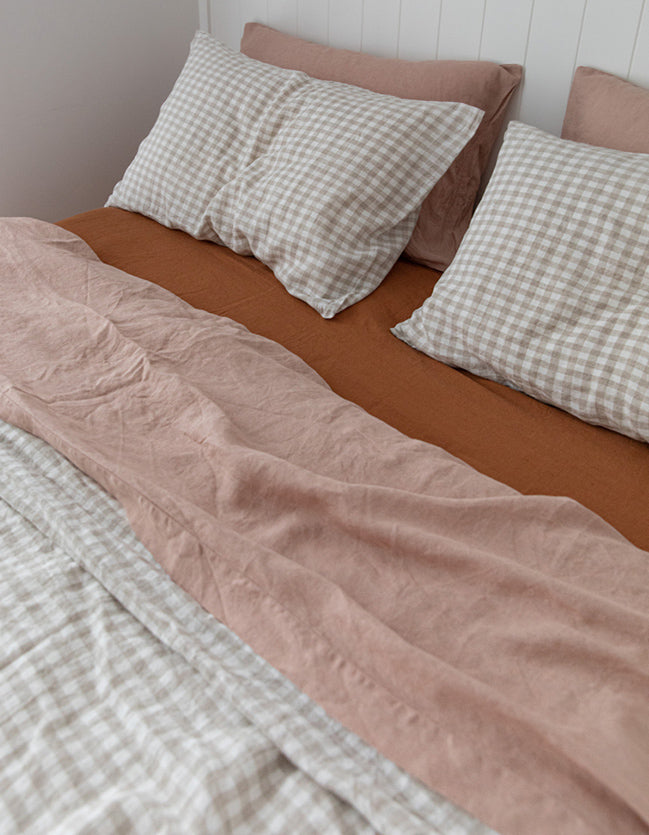 French linen, lookbook, clay, beige gingham, ochre, bedding