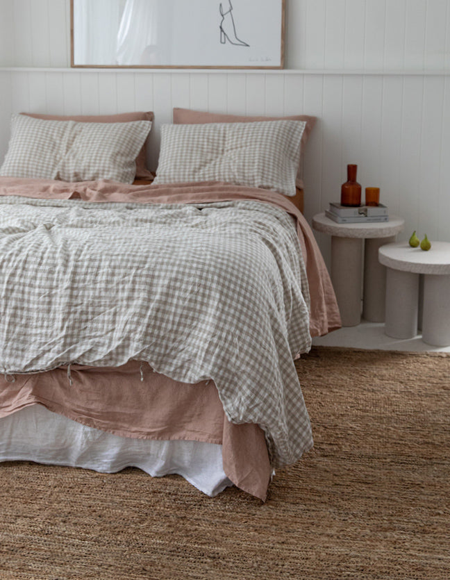 French linen, lookbook, clay, ochre, beige gingham, bedding