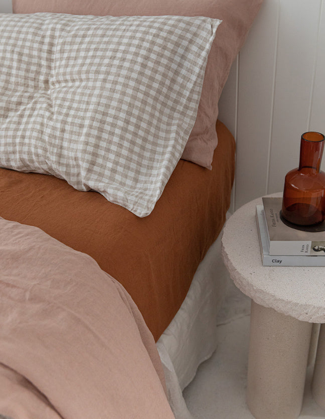 French linen, lookbook, clay, ochre, beige gingham, bedding