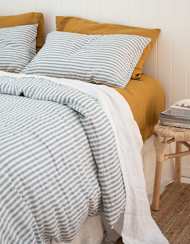 Marine Blue & Mustard French Linen Bedding Lookbook