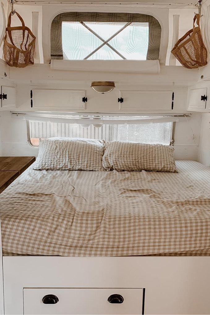 100% French Linen Sheet Set in Beige Gingham