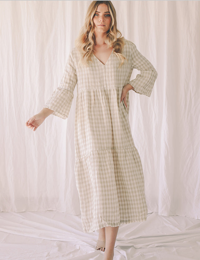 The Stevie Dress in Beige Gingham