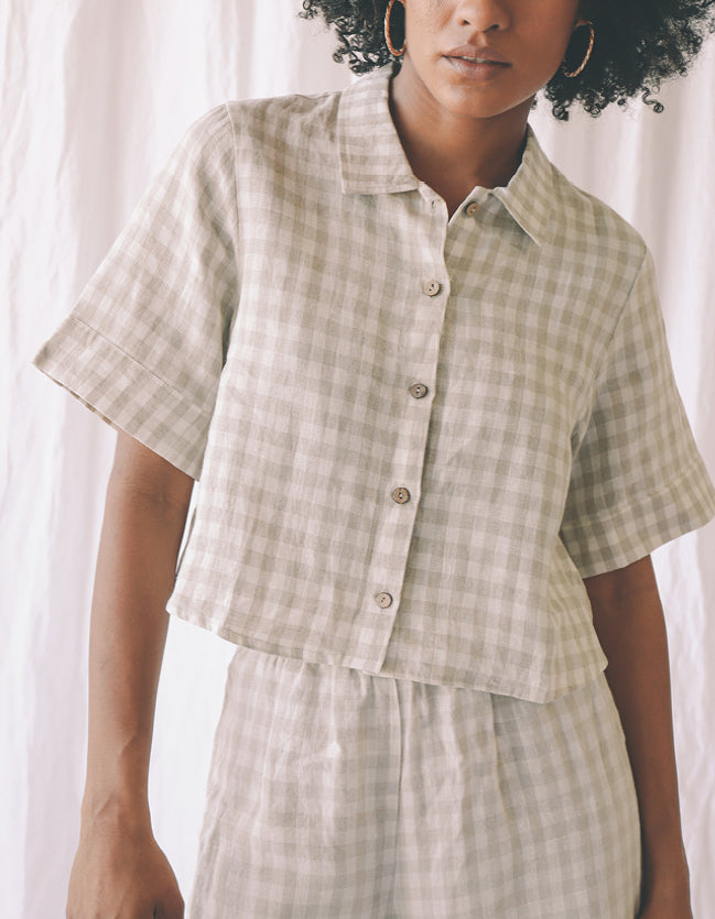 The Poppy Shirt in Beige Gingham and the Lounge Pant in Natural