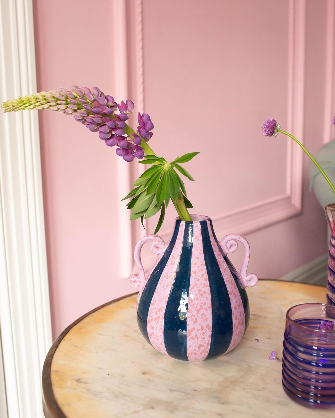 Amphora vase with lilac & navy stripes