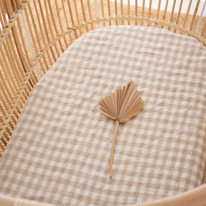 French Flax Linen Bassinet Sheet in Beige Gingham