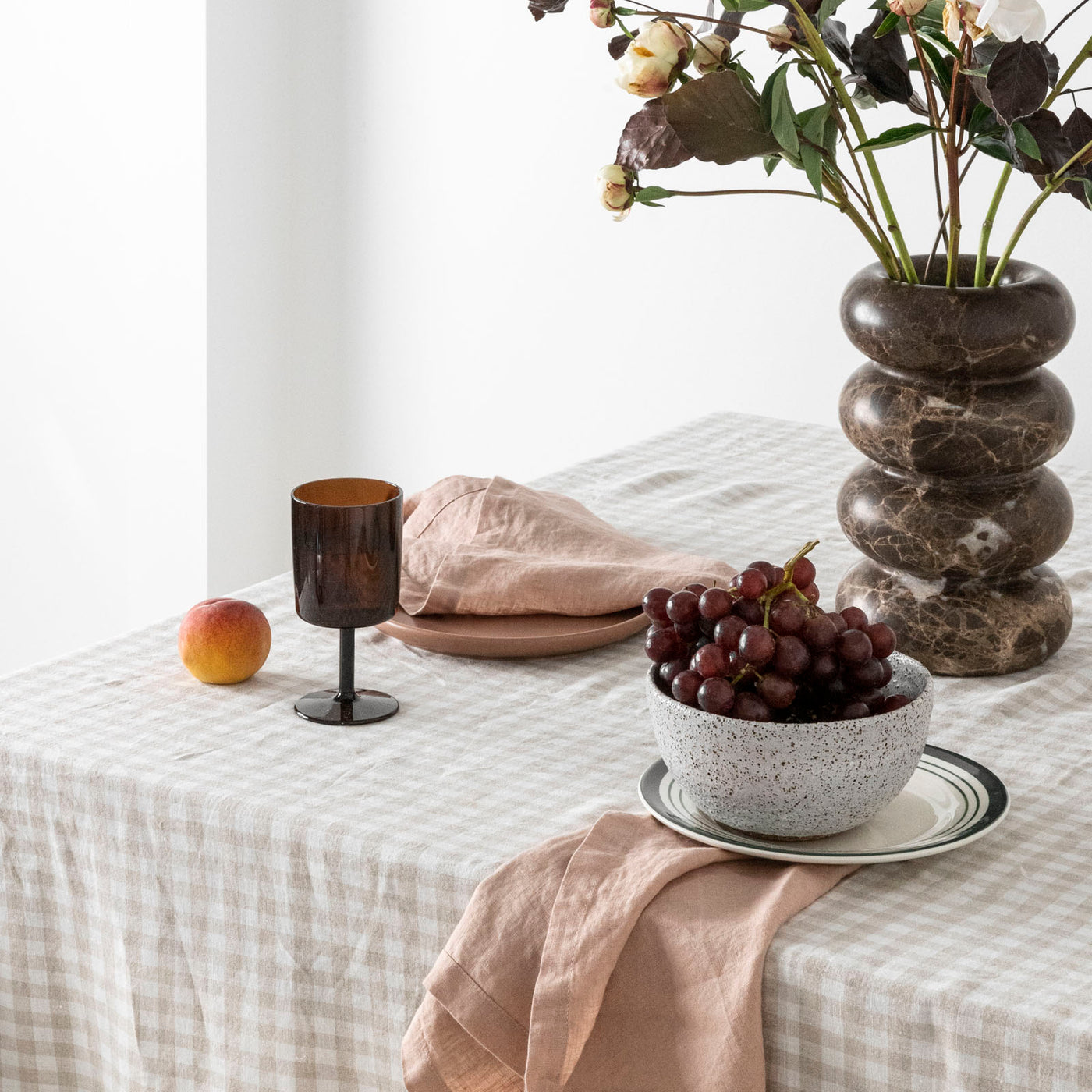French Flax Linen Table Cloth in Beige Gingham
