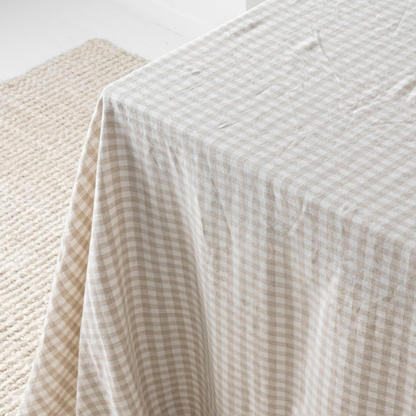 French Flax Linen Table Cloth in Beige Gingham
