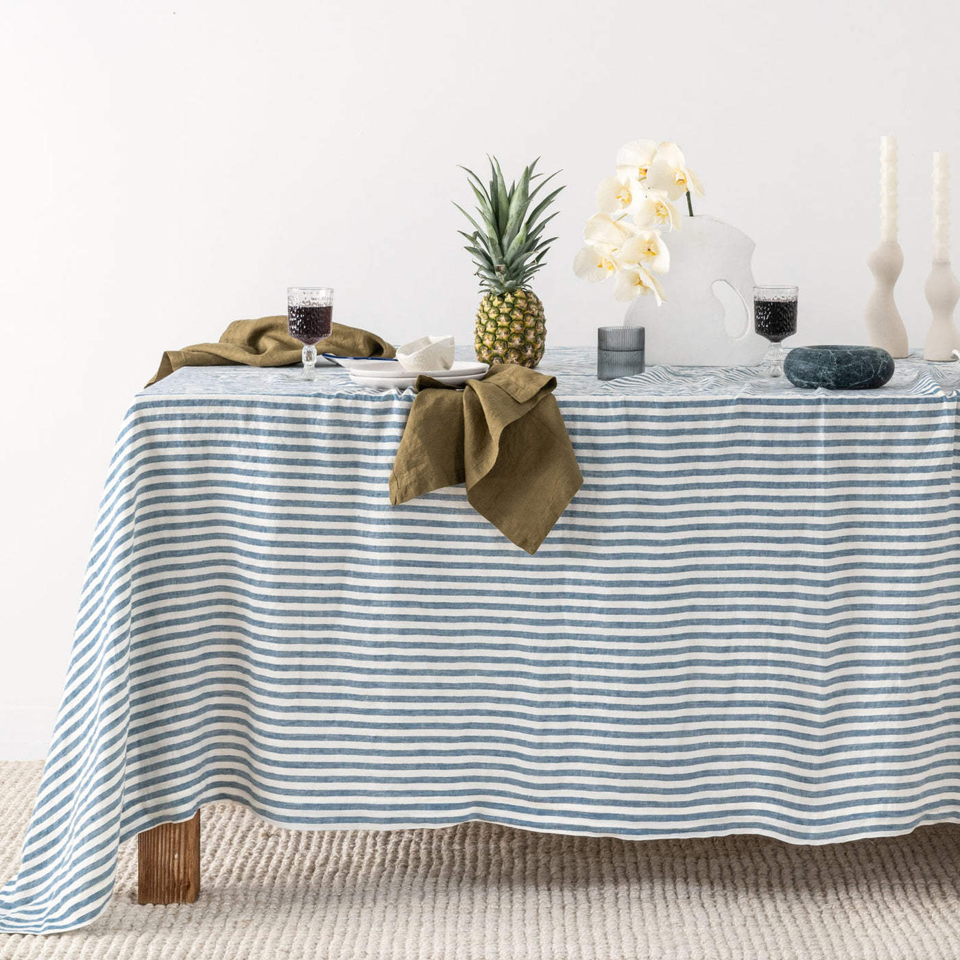 French Flax Linen Table Cloth in Marine Blue Stripe